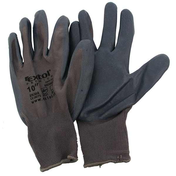 EXTOL PREMIUM Kötött kesztyű szürke nylon, méret: 10` nitrilbe mártott teny. és ujjhegy., gumírozott mandzsetta [ 8856622 ]
