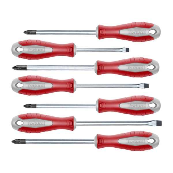 FORTUM csavarhúzó klt., 7db; lapos: 3×75, 5×100, 6×125mm, PH1×100, PH2×125, PZ1×100, PZ2×125, CV. mágneses, papír doboz [ 4740930 ]