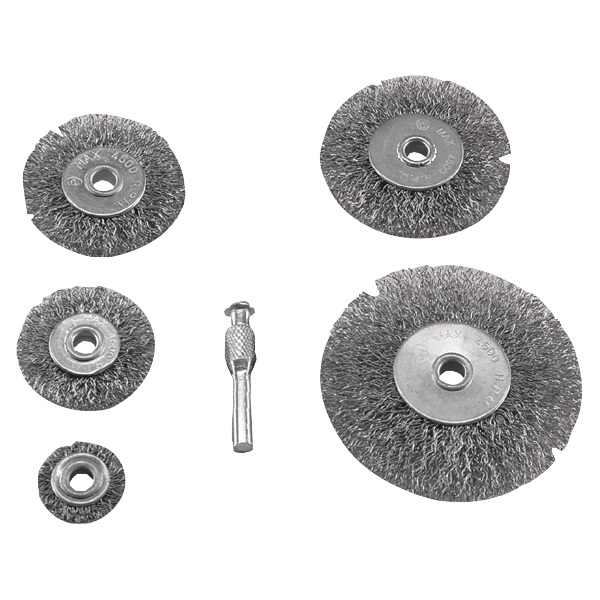 EXTOL drótcsiszoló körkefe készlet; 25-38-50-63-75mm, O6mm-es csap, hullámos acél szálak: O0,3mm, fúróba fogható, max. 4500rpm [ 1830 ]