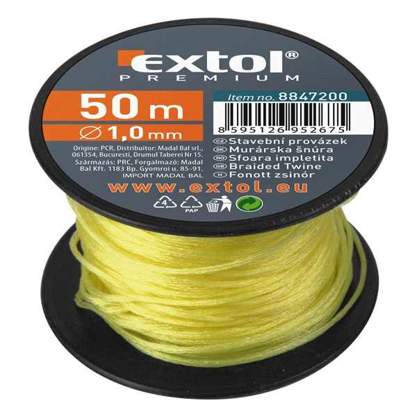 EXTOL PREMIUM kőműves zsinór, sodort; PE, 1,7mm×50m, sárga, orsón [ 8847212 ]