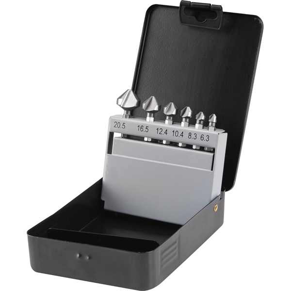 EXTOL CRAFT kúpos süllyesztő klt, 6db, 90 fokos, 3 élű, 6,3-8,3-10,4-12,4-16,5-20,5mm, 1/4" hatszög befogás, szerszámacél, fém doboz [ 20094 ]