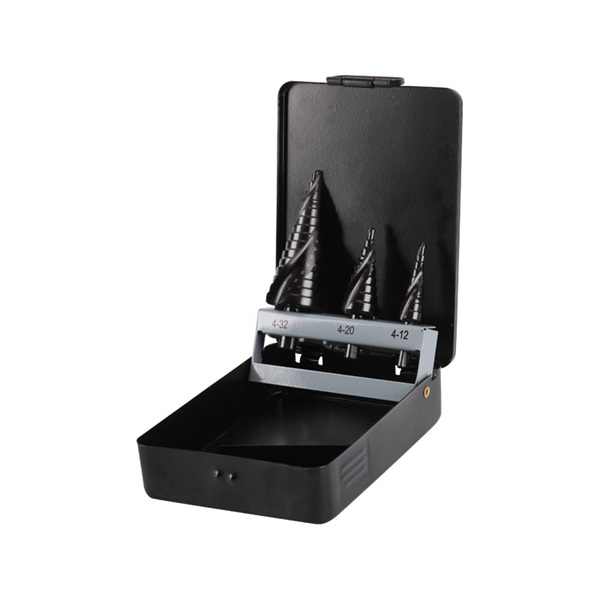 EXTOL lépcsős fémfúró klt, 3db; (4-12mm/1mm lépcsők,4-20mm/2mm,4-32mm/2mm) befogás:10mm, max.4mm vastag anyagokhoz, spirállal [ 20092 ]