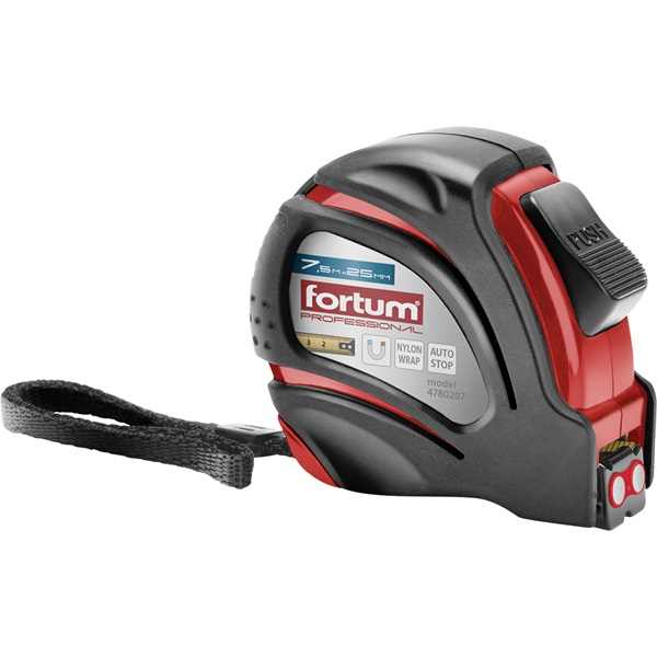 FORTUM mérőszalag, 1 stoppos, ABS műanyag ház, gumírozott; 7,5m×25mm nylon bevonatú szalag, mágneses vég FORTUM [ 4780207 ]