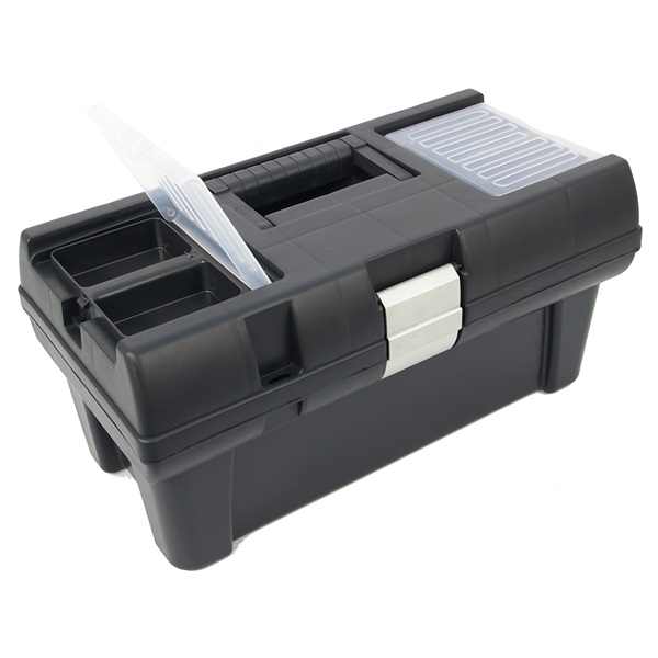 EXTOL szerszámosláda, műanyag 415×220×200mm, 16" rendező felül, alucsatos, tálcával, fekete, lakatolható [ 3385070 ]