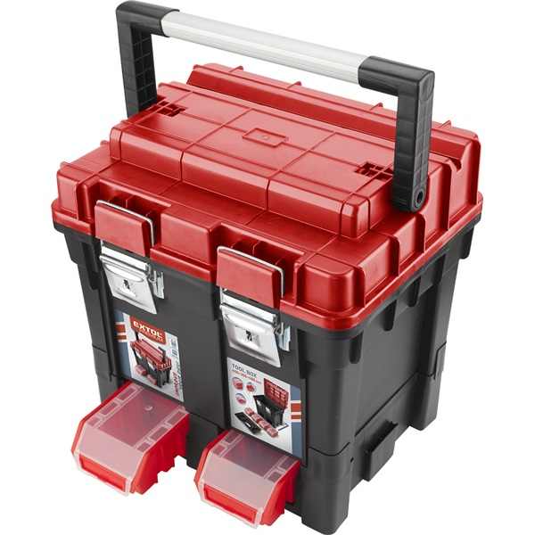EXTOL PREMIUM szerszámosláda profi erős, műanyag 440×350×440mm, fémcsatos, tálcával, lakatolható, ALU nyél [ 8856083 ]