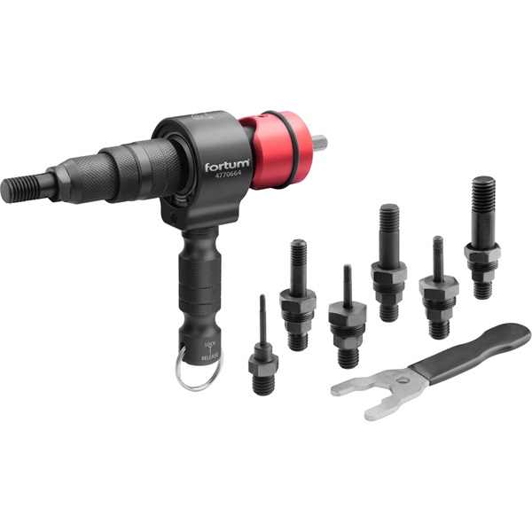 FORTUM adapter  klt. fúrógéphez, POP-NUT szegecsanyákhoz, 6 db, M3-M4-M5-M6-M8-M10-M12; 8 mm (5/16") hatszög befogás, FORTUM [ 4770664 ]