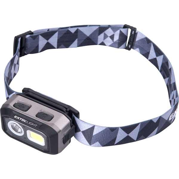 EXTOL LIGHT LED fejlámpa, Osram+COB, 500 Lumen; tölthető akkuval+AAA elemmel is, 4 funkció, cseppálló: IPX4 [ 43185 ]