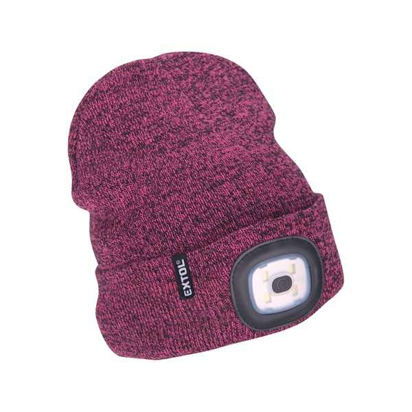 EXTOL LIGHT sapka, lila/fekete, kötött, kivehető LED homloklámpával, 4×45 Lumen; USB tölthető Li-ion, 3funkció (100%-75%-50%) [ 43461 ]