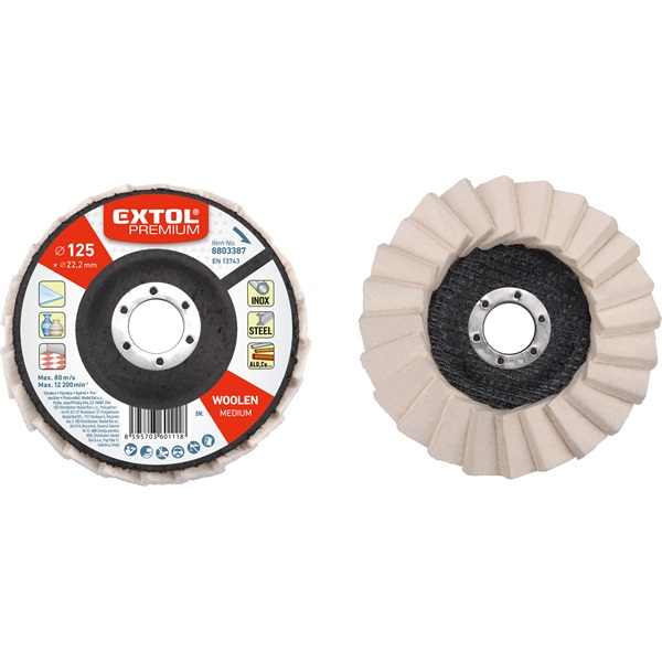 EXTOL PREMIUM lamellás polírozó filc, INOX, acél és ALU munkadarabok polírozására 125×22mm (darabáras, de csak ötösével rendelhető) [ 8803387 ]