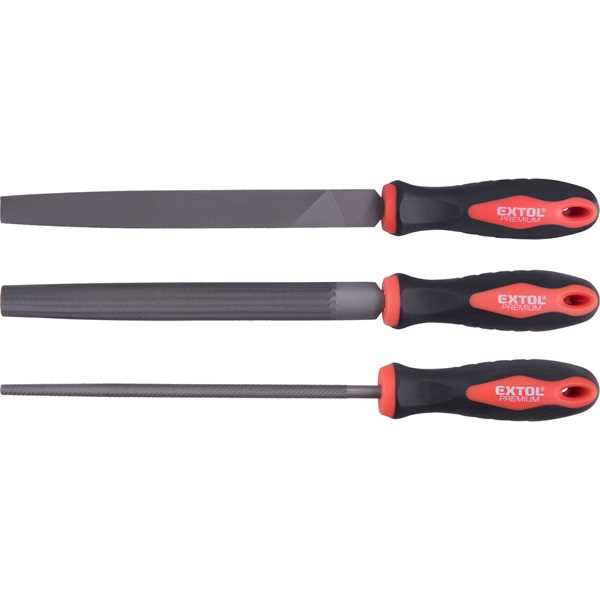 EXTOL PREMIUM fémreszelő klt.,  3 db (lapos, félkerek, kerek), 200mm, T12 acél,  vágat 2, finom,  TPR gumis műanyag nyél [ 8803610 ]