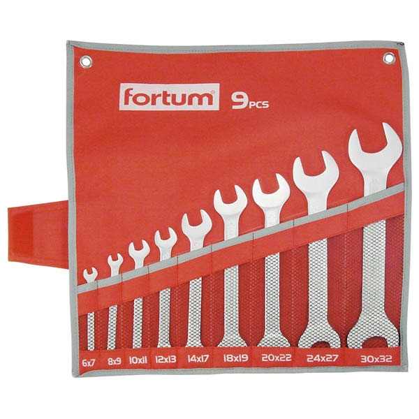 FORTUM villás kulcs klt. 9db 6-32mm, 61CrV5, mattkróm; 6×7, 8×9, 10×11, 12×13, 14×17, 18×19, 20×22, 24×27, 30×32mm, vászon tok [ 4730101 ]