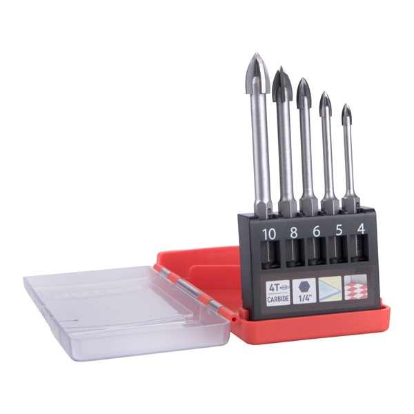 EXTOL PREMIUM fúró klt. 5 db, üvegre, kerámiára és csempére, keményfém lapkás; 4-10 mm ×100mm, 4élü, 1/4" hatszög befogás [ 8801899 ]