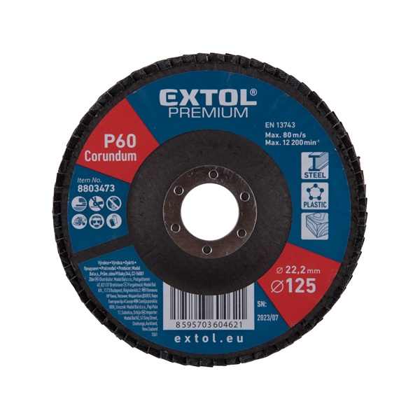 EXTOL PREMIUM lamellás csiszoló acél, Alu, műa. és fa munkadarabok csiszolására, 125×22mm; P60, kúpos, max.:12.300 ford./perc, EN13743 [ 8803473 ]