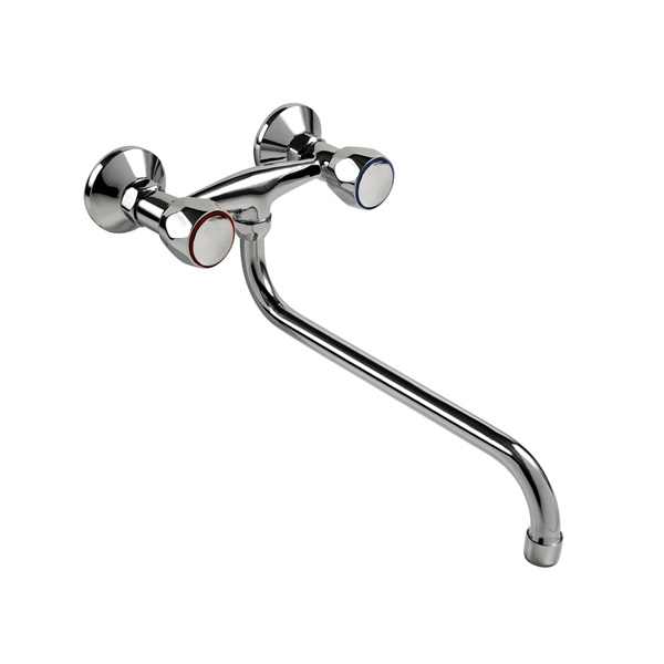 BALLETTO mosogató-mosdó csaptelep, falra szerelhető, kerámia betét, króm, 25cm hosszú hajlított csőr [ 85013 ]