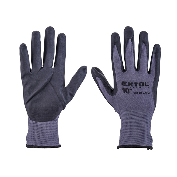 EXTOL PREMIUM Kötött kesztyű nylon-Spandex, varrat nélküli, méret: 10` nitrilbe mártott teny. és ujjhegy, gumírozott mandzsetta [ 8856682 ]