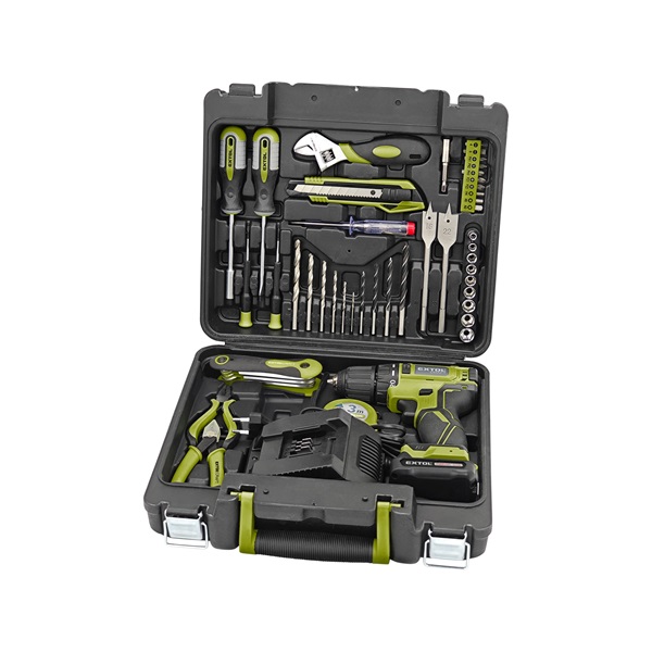 EXTOL CRAFT akkus fúrócsavarozó, 12V, Li-ion, szénkefe mentes, 1db 2000 mAh akku + 46 db szerszámkészlet [ 422801 ]